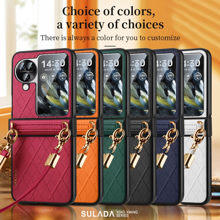 For OPPO Find N3 Flip SULADA Elegant Rhombic Texture Folding Phone Case with Lanyard(White) - free shipping - PMC TechLife - Order now!