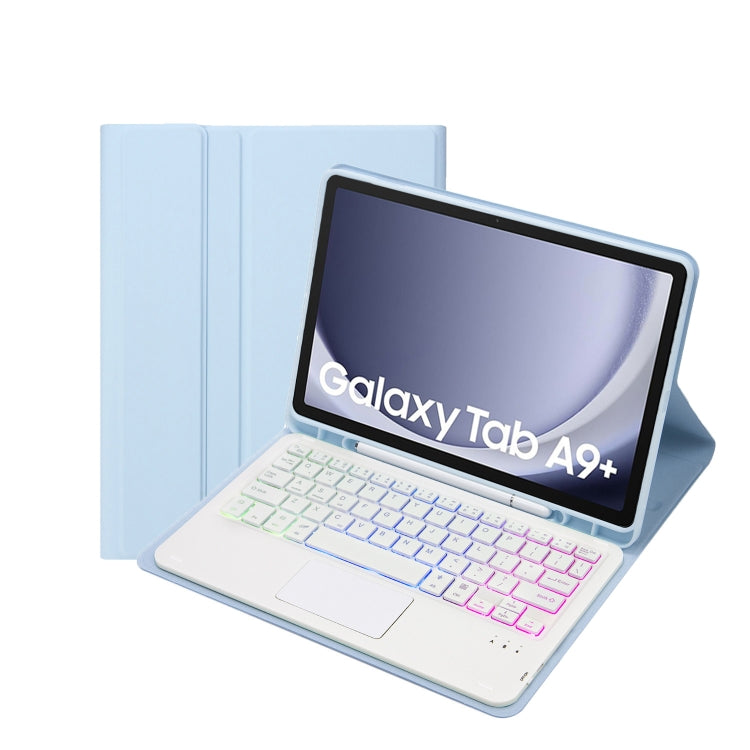 For Samsung Galaxy Tab A9+ X210/X215/X215 A09B-AS Candy Color Touch Backlight Bluetooth Keyboard Leather Tablet Case with Pen Holder(Ice Blue) - Samsung Keyboard by PMC TechLife | Online Shopping South Africa | PMC TechLife