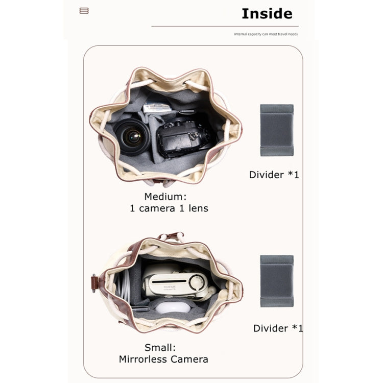 Cwatcun D100 Canvas PU Waterproof Bundle Drawstring Lens Bag Crossbody Camera Bag, Size:20 x 11 x 26cm(Beige) - free shipping - PMC TechLife - Order now!