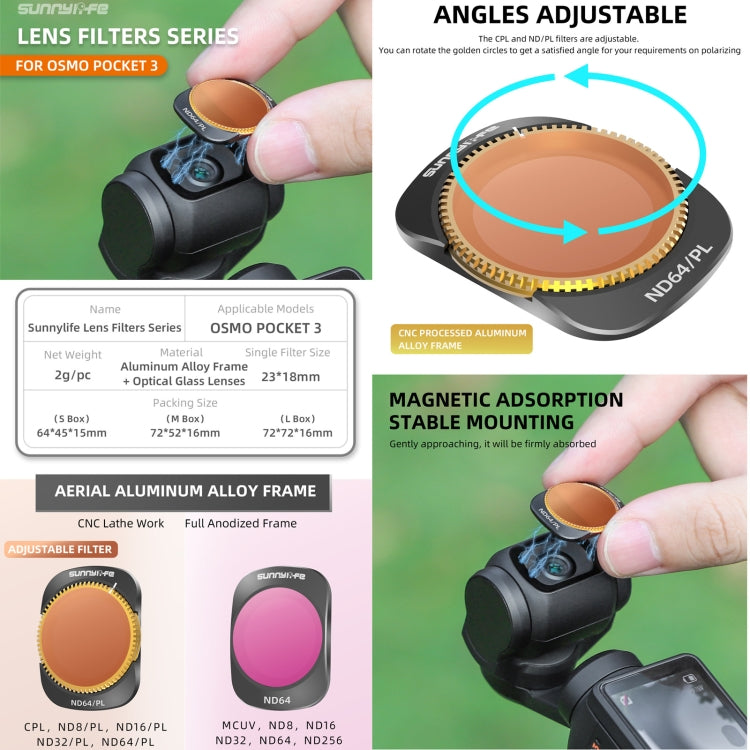 For DJI OSMO Pocket 3 Sunnylife Camera Lens Magnetic Metal Filter, Filter:6 in 1 UV CPL ND8-64 - free shipping - PMC TechLife - Order now!