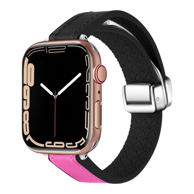 For Apple Watch SE 2023 44mm Magnetic Folding Leather Silicone Watch Band(Black Rose Red) - Watch Bands by PMC TechLife | Online Shopping South Africa | PMC TechLife