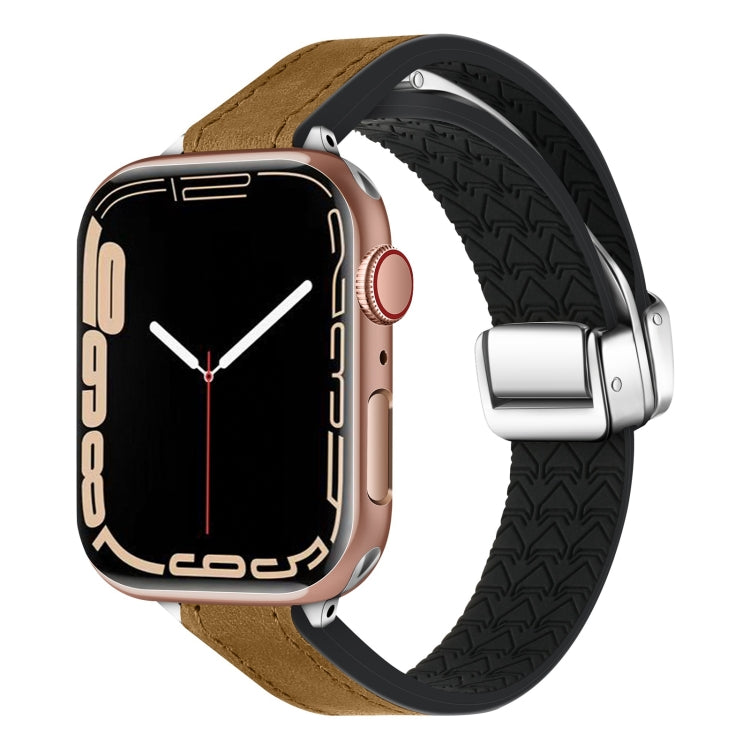 For Apple Watch Series 9 45mm Magnetic Folding Leather Silicone Watch Band(Crazy Horse Brown) - Watch Bands by PMC TechLife | Online Shopping South Africa | PMC TechLife