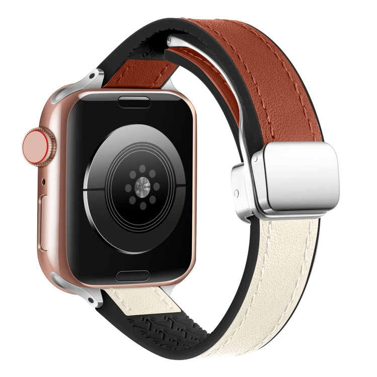 For Apple Watch Series 9 45mm Magnetic Folding Leather Silicone Watch Band(Starlight Brown) - Watch Bands by PMC TechLife | Online Shopping South Africa | PMC TechLife