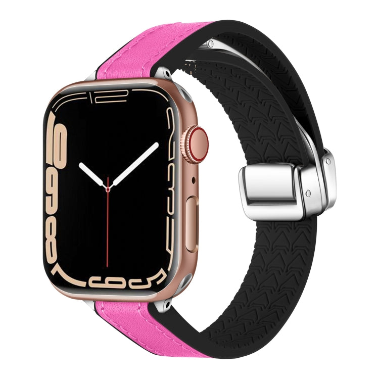 For Apple Watch Series 8 45mm Magnetic Folding Leather Silicone Watch Band(Rose Pink on Black) - Watch Bands by PMC TechLife | Online Shopping South Africa | PMC TechLife