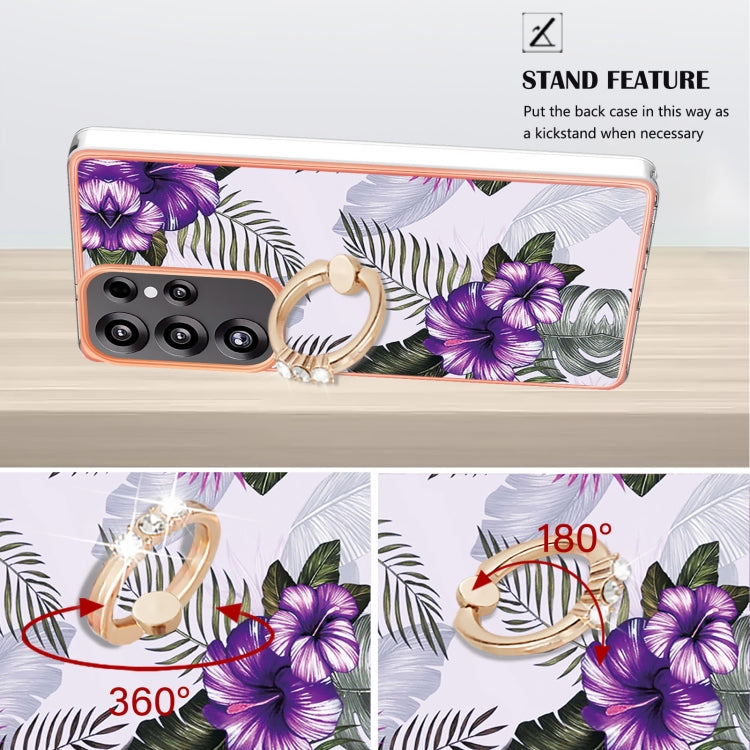 For Samsung Galaxy S25 Ultra 5G Electroplating Pattern IMD TPU Shockproof Case with Rhinestone Ring Holder(Purple Flower) - Galaxy S25 Ultra 5G Cases by PMC Jewellery | Online Shopping South Africa | PMC Jewellery | Buy Now Pay Later Mobicred