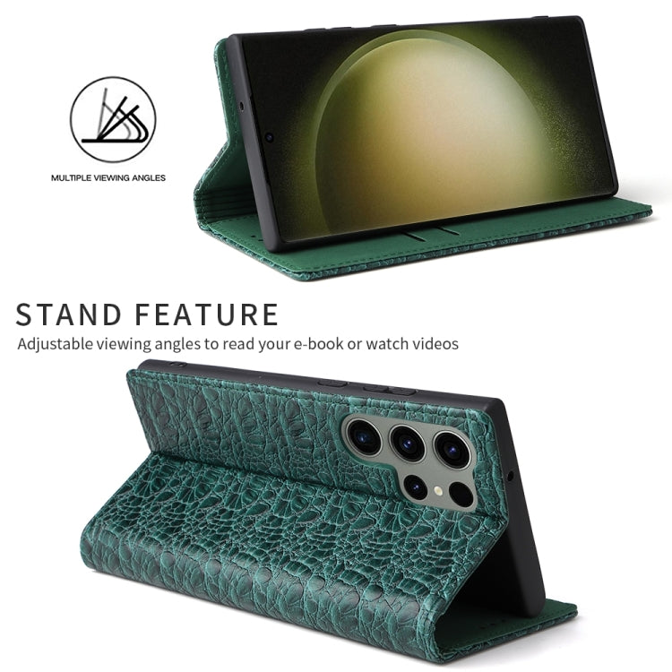 For Samsung Galaxy S24 Ultra 5G Fierre Shann Crocodile Texture Magnetic Genuine Leather Phone Case(Green) - Galaxy S24 Ultra 5G Cases by FIERRE SHANN | Online Shopping South Africa | PMC Jewellery | Buy Now Pay Later Mobicred