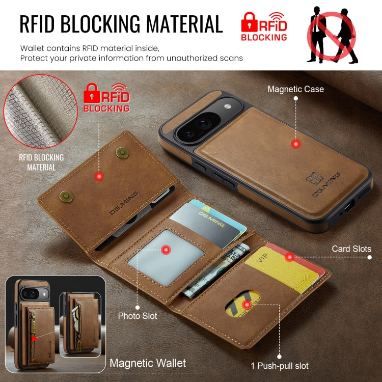 For Google Pixel 9 / 9 Pro DG.MING M5 Series Zip RFID Multi Card Detachable Leather Phone Case(Brown) - free shipping - PMC Jewellery - Order now!