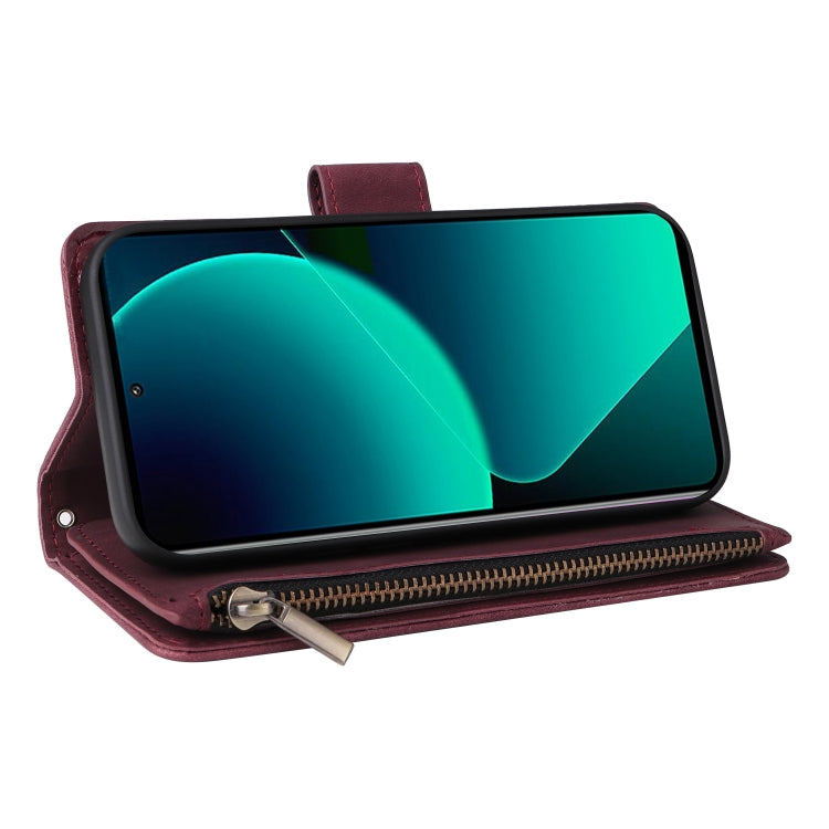 For Xiaomi 13T / 13T Pro Multifunctional Frosted Zipper Wallet Leather Phone Case(Wine Red) - Xiaomi Cases by PMC TechLife | Online Shopping South Africa | PMC TechLife | Buy Now Pay Later Mobicred