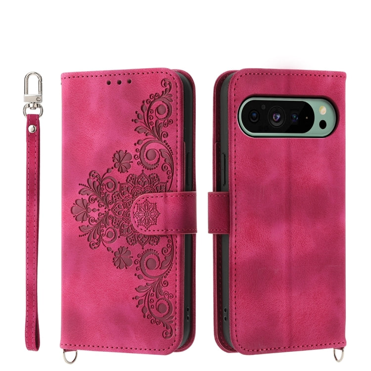 For Google Pixel 9 Skin-feel Flowers Embossed Wallet Leather Phone Case(Wine Red) - Google Cases by PMC TechLife | Online Shopping South Africa | PMC TechLife | Buy Now Pay Later Mobicred