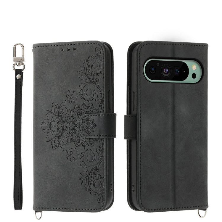 For Google Pixel 9 Skin-feel Flowers Embossed Wallet Leather Phone Case(Black) - Google Cases by PMC TechLife | Online Shopping South Africa | PMC TechLife | Buy Now Pay Later Mobicred
