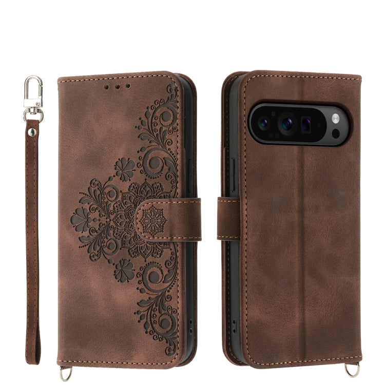 For Google Pixel 9 Pro Skin-feel Flowers Embossed Wallet Leather Phone Case(Brown) - Google Cases by PMC TechLife | Online Shopping South Africa | PMC TechLife | Buy Now Pay Later Mobicred