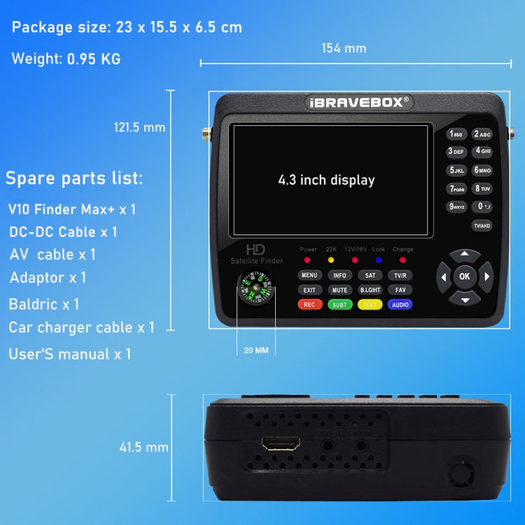 iBRAVEBOX V10 Finder Max+ 4.3 inch Display Digital Satellite Meter Signal Finder, Support DVB-S/S2/S2X AHD, Plug Type:EU Plug(Black) - Satellite Finder by PMC TechLife | Online Shopping South Africa | PMC TechLife | Buy Now Pay Later Mobicred