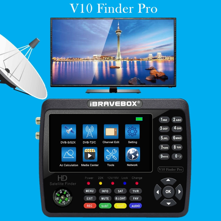 iBRAVEBOX V10 Finder Pro 4.3 inch Display Digital Satellite Meter Signal Finder, Support DVB-S/S2/S2X/T/T2/C, Plug Type:US Plug(Black) - free shipping - PMC TechLife - Order now!