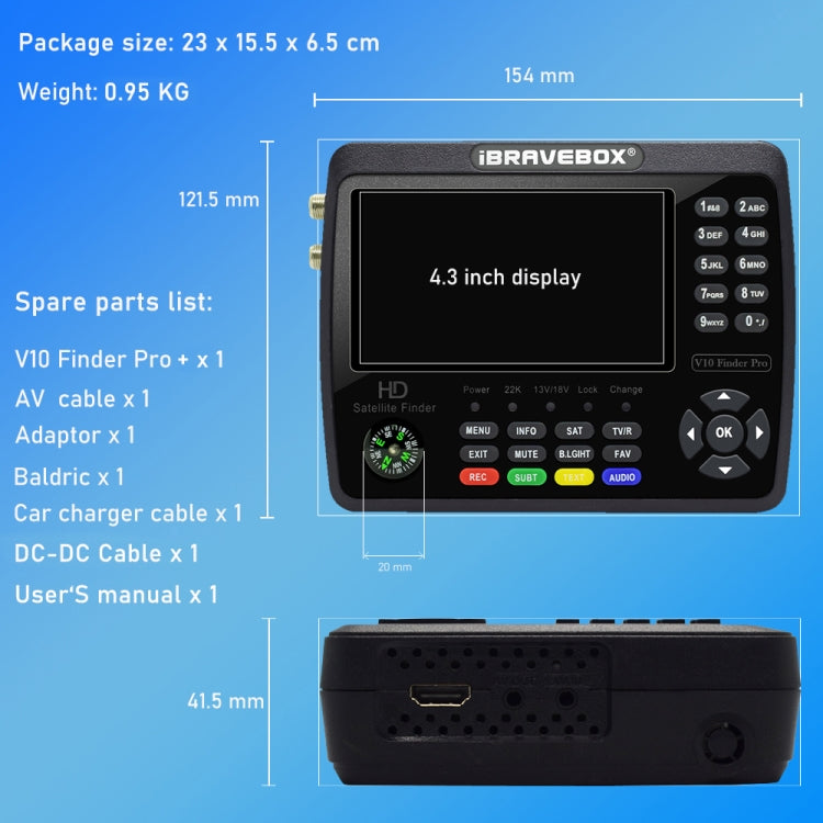 iBRAVEBOX V10 Finder Pro+ 4.3 inch Display Digital Satellite Meter Signal Finder, Support DVB-S/S2/S2X/T/T2/C AHD, Plug Type:EU Plug(Black) - free shipping - PMC TechLife - Order now!