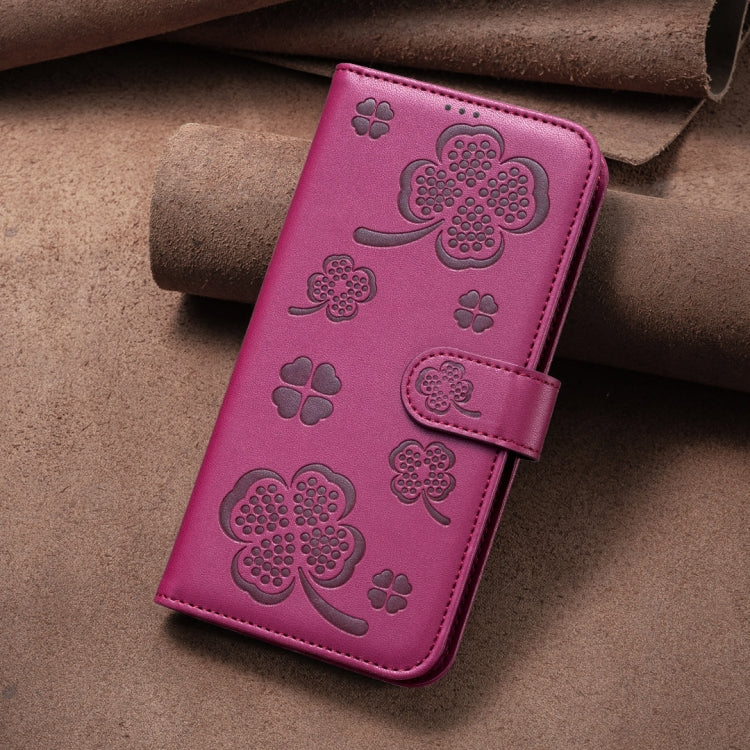 For iPhone 16 Four-leaf Embossed Leather Phone Case(Rose Red) - iPhone 16 Cases by PMC TechLife | Online Shopping South Africa | PMC TechLife | Buy Now Pay Later Mobicred