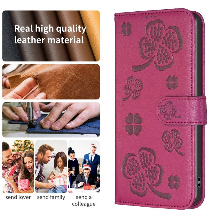 For iPhone 16 Four-leaf Embossed Leather Phone Case(Rose Red) - iPhone 16 Cases by PMC TechLife | Online Shopping South Africa | PMC TechLife | Buy Now Pay Later Mobicred