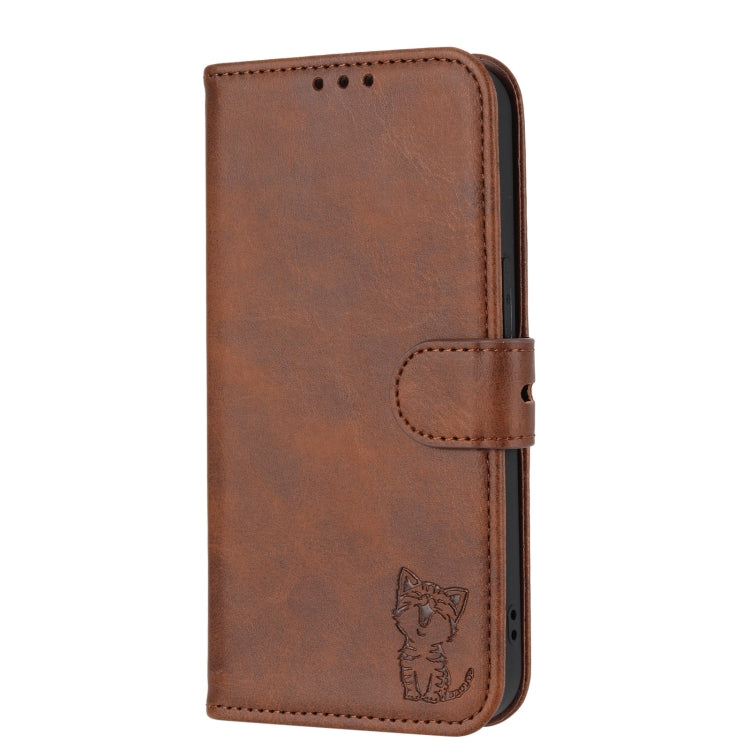For Google Pixel 9 Embossed Happy Cat Pattern Flip Leather Phone Case(Brown) - Google Cases by PMC TechLife | Online Shopping South Africa | PMC TechLife | Buy Now Pay Later Mobicred