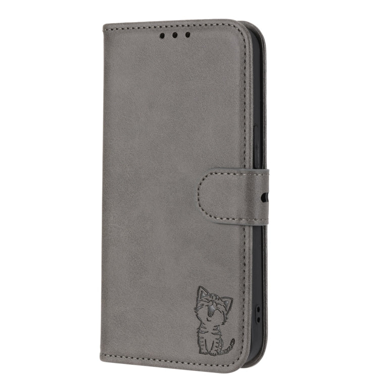 For Google Pixel 9 Embossed Happy Cat Pattern Flip Leather Phone Case(Grey) - Google Cases by PMC TechLife | Online Shopping South Africa | PMC TechLife | Buy Now Pay Later Mobicred