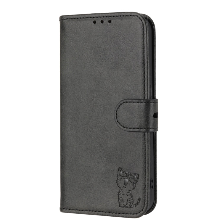 For Google Pixel 9 Embossed Happy Cat Pattern Flip Leather Phone Case(Black) - Google Cases by PMC TechLife | Online Shopping South Africa | PMC TechLife | Buy Now Pay Later Mobicred