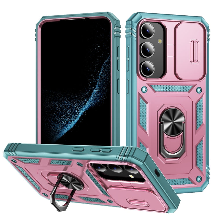 For Samsung Galaxy S24 5G Sliding Camshield TPU + PC Phone Case with Holder(Pink+Green) - Galaxy S24 5G Cases by PMC TechLife | Online Shopping South Africa | PMC TechLife