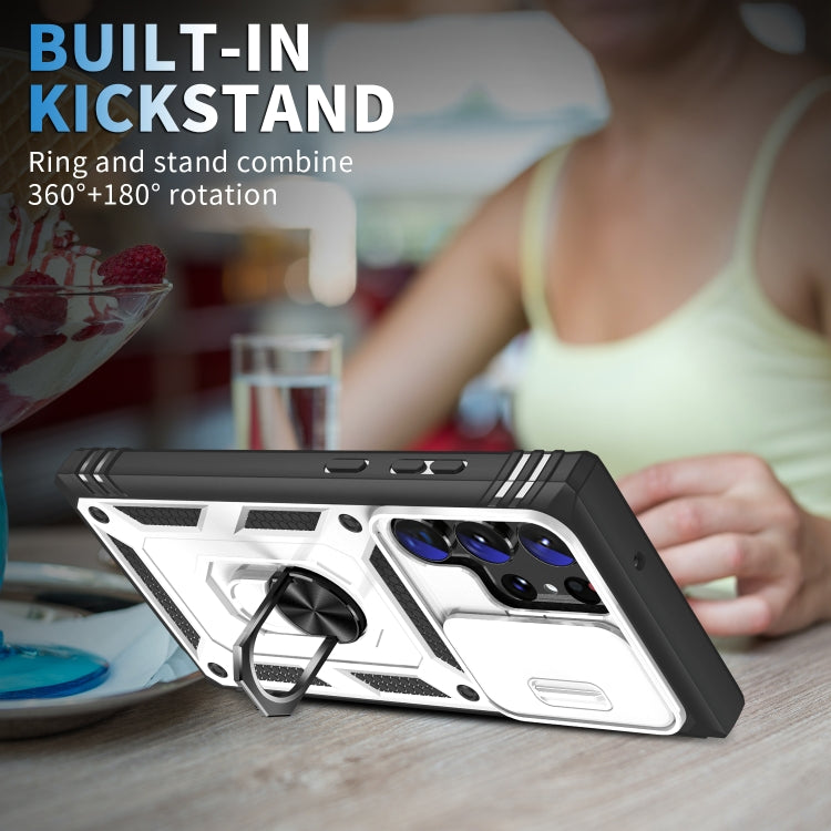 For Samsung Galaxy S24 Ultra 5G Sliding Camshield TPU + PC Phone Case with Holder(White+Black) - Galaxy S24 Ultra 5G Cases by PMC TechLife | Online Shopping South Africa | PMC TechLife