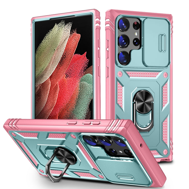 For Samsung Galaxy S24 Ultra 5G Sliding Camshield TPU + PC Phone Case with Holder(Green+Pink) - Galaxy S24 Ultra 5G Cases by PMC TechLife | Online Shopping South Africa | PMC TechLife