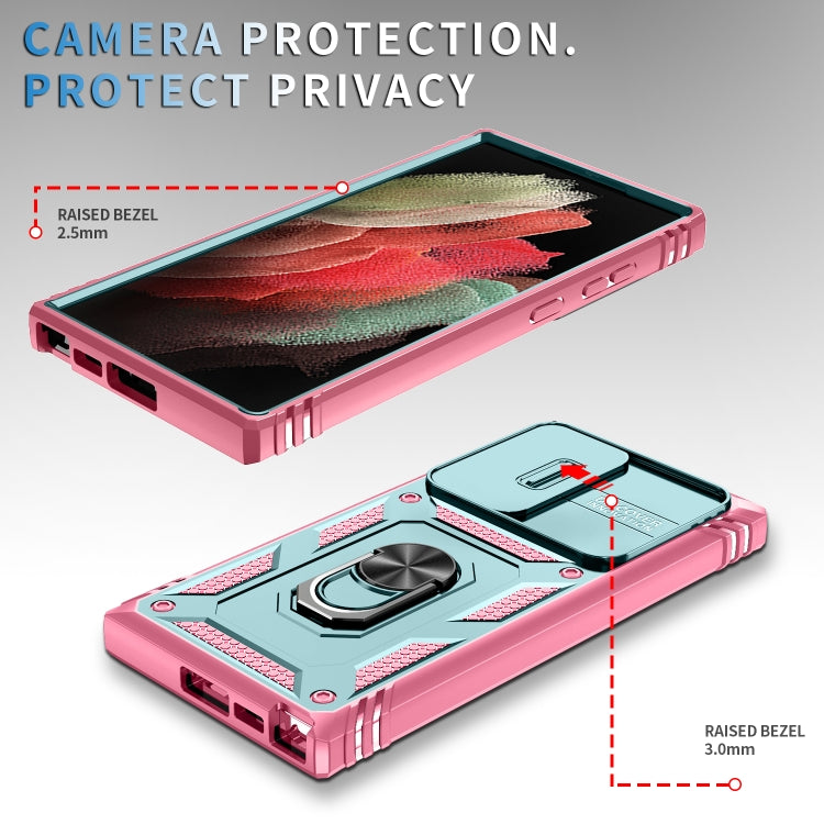 For Samsung Galaxy S24 Ultra 5G Sliding Camshield TPU + PC Phone Case with Holder(Green+Pink) - Galaxy S24 Ultra 5G Cases by PMC TechLife | Online Shopping South Africa | PMC TechLife