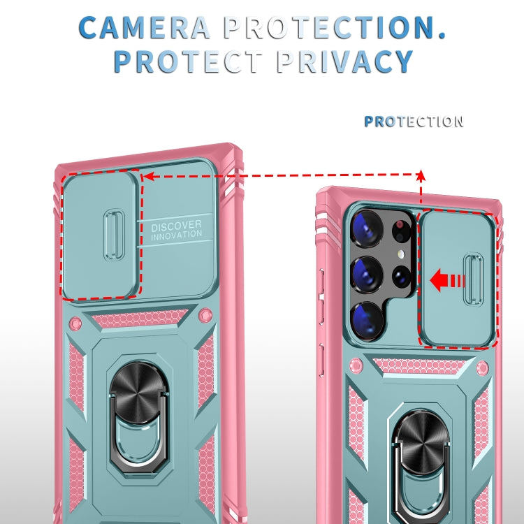 For Samsung Galaxy S24 Ultra 5G Sliding Camshield TPU + PC Phone Case with Holder(Green+Pink) - Galaxy S24 Ultra 5G Cases by PMC TechLife | Online Shopping South Africa | PMC TechLife