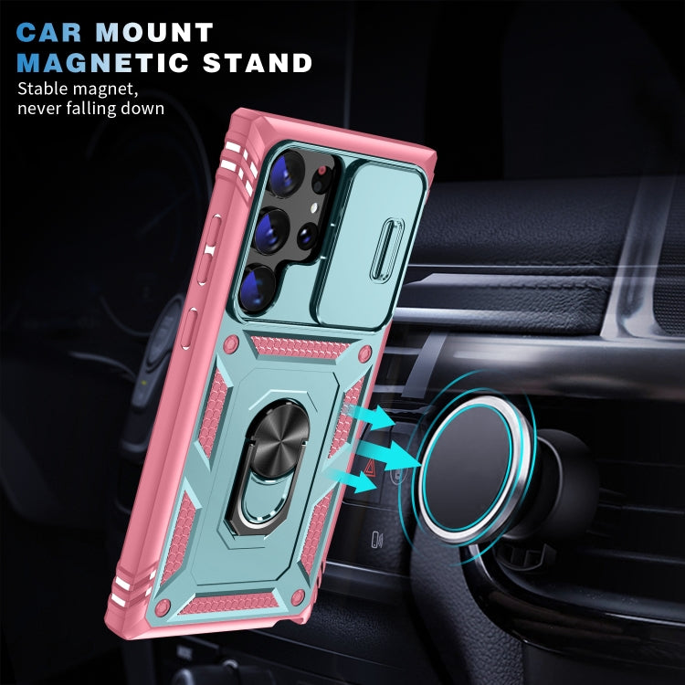 For Samsung Galaxy S24 Ultra 5G Sliding Camshield TPU + PC Phone Case with Holder(Green+Pink) - Galaxy S24 Ultra 5G Cases by PMC TechLife | Online Shopping South Africa | PMC TechLife