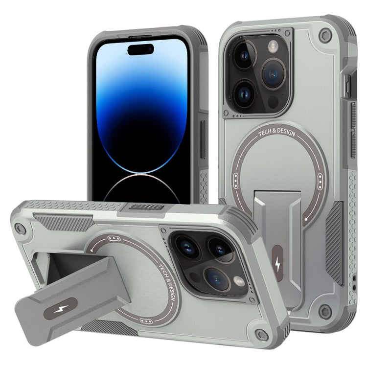 For iPhone 14 Pro Max Armor Magsafe Holder PC Hybrid TPU Phone Case(Grey) - iPhone 14 Pro Max Cases by PMC TechLife | Online Shopping South Africa | PMC TechLife | Buy Now Pay Later Mobicred