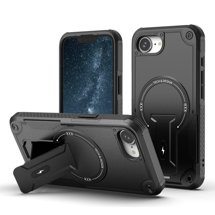 For iPhone 16e Armor Magsafe Holder PC Hybrid TPU Phone Case(Black) - iPhone 16e Cases by PMC TechLife | Online Shopping South Africa | PMC TechLife | Buy Now Pay Later Mobicred