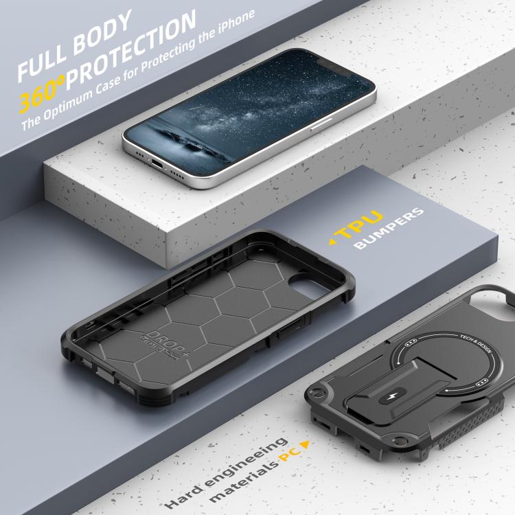 For iPhone 16e Armor Magsafe Holder PC Hybrid TPU Phone Case(Black) - iPhone 16e Cases by PMC TechLife | Online Shopping South Africa | PMC TechLife | Buy Now Pay Later Mobicred