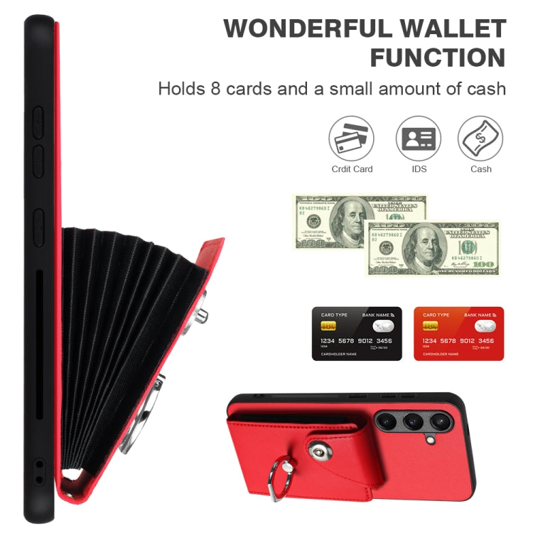 For Samsung Galaxy S24 5G Organ Card Bag Ring Holder PU Phone Case with Lanyard(Red) - Galaxy S24 5G Cases by PMC TechLife | Online Shopping South Africa | PMC TechLife | Buy Now Pay Later Mobicred