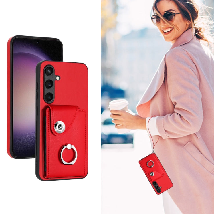 For Samsung Galaxy S24 5G Organ Card Bag Ring Holder PU Phone Case with Lanyard(Red) - Galaxy S24 5G Cases by PMC TechLife | Online Shopping South Africa | PMC TechLife | Buy Now Pay Later Mobicred