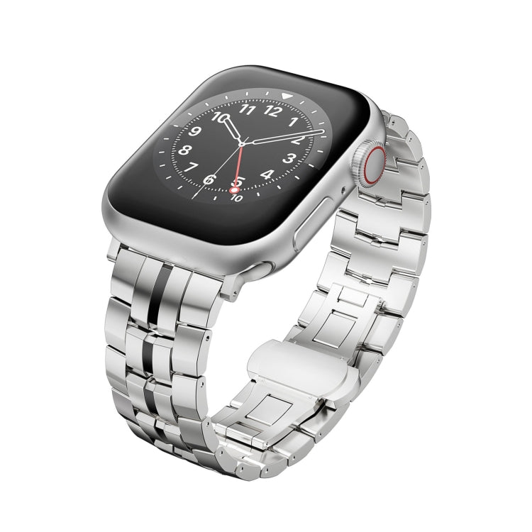 For Apple Watch Series 8 45mm Butterfly Buckle 5-Beads Metal Watch Band(Silver Black) - Watch Bands by PMC TechLife | Online Shopping South Africa | PMC TechLife