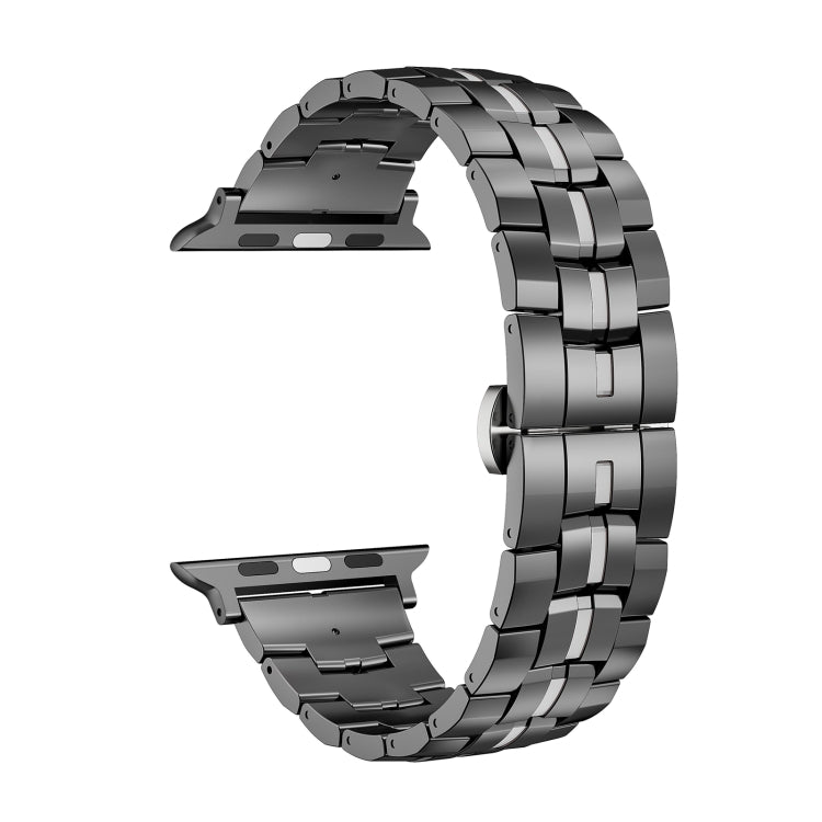 For Apple Watch Series 7 45mm Butterfly Buckle 5-Beads Metal Watch Band(Black Silver) - Watch Bands by PMC TechLife | Online Shopping South Africa | PMC TechLife