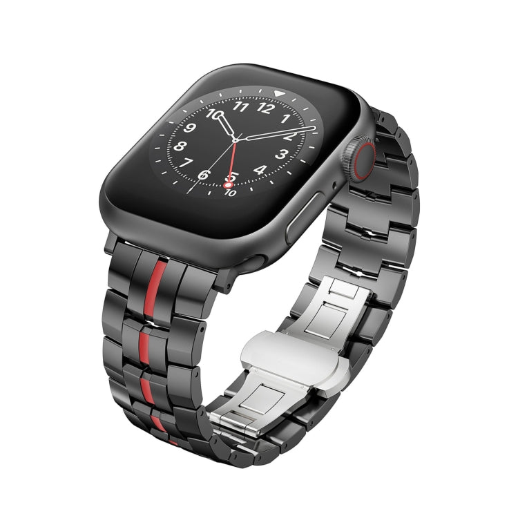 For Apple Watch Series 2 42mm Butterfly Buckle 5-Beads Metal Watch Band(Black Red) - Watch Bands by PMC TechLife | Online Shopping South Africa | PMC TechLife