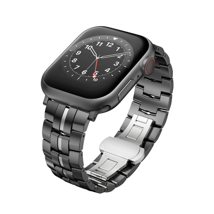 For Apple Watch 42mm Butterfly Buckle 5-Beads Metal Watch Band(Black Silver) - Watch Bands by PMC TechLife | Online Shopping South Africa | PMC TechLife