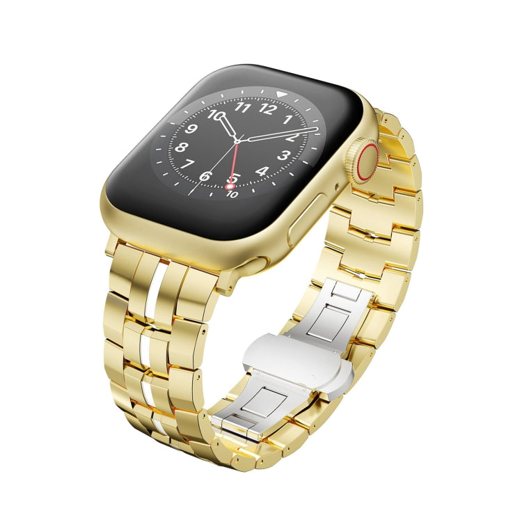 For Apple Watch 42mm Butterfly Buckle 5-Beads Metal Watch Band(Gold White) - Watch Bands by PMC TechLife | Online Shopping South Africa | PMC TechLife