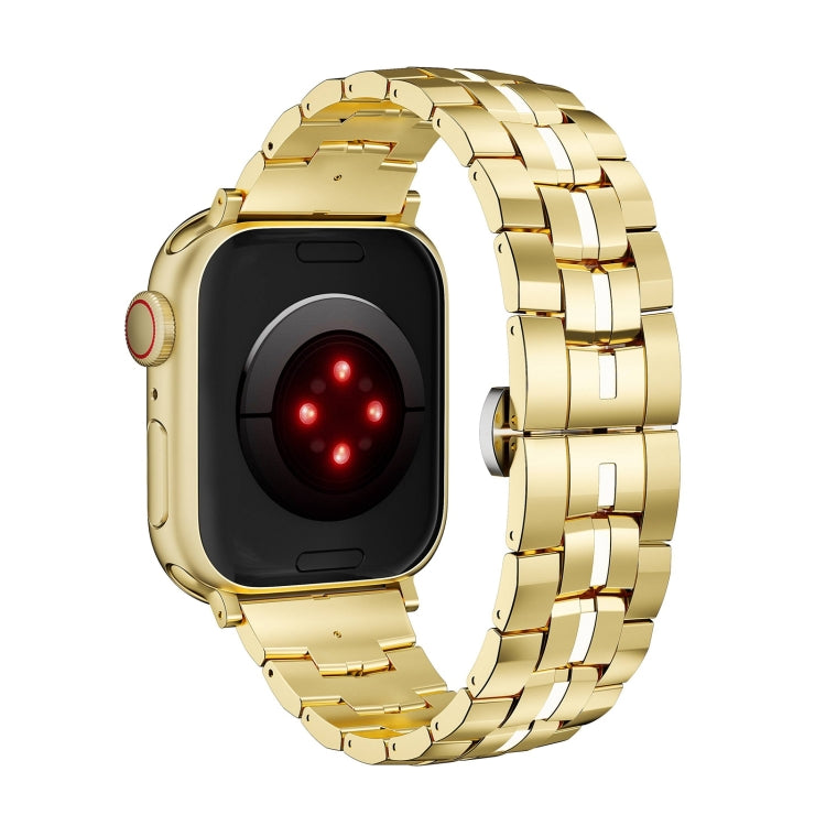 For Apple Watch 42mm Butterfly Buckle 5-Beads Metal Watch Band(Gold White) - Watch Bands by PMC TechLife | Online Shopping South Africa | PMC TechLife