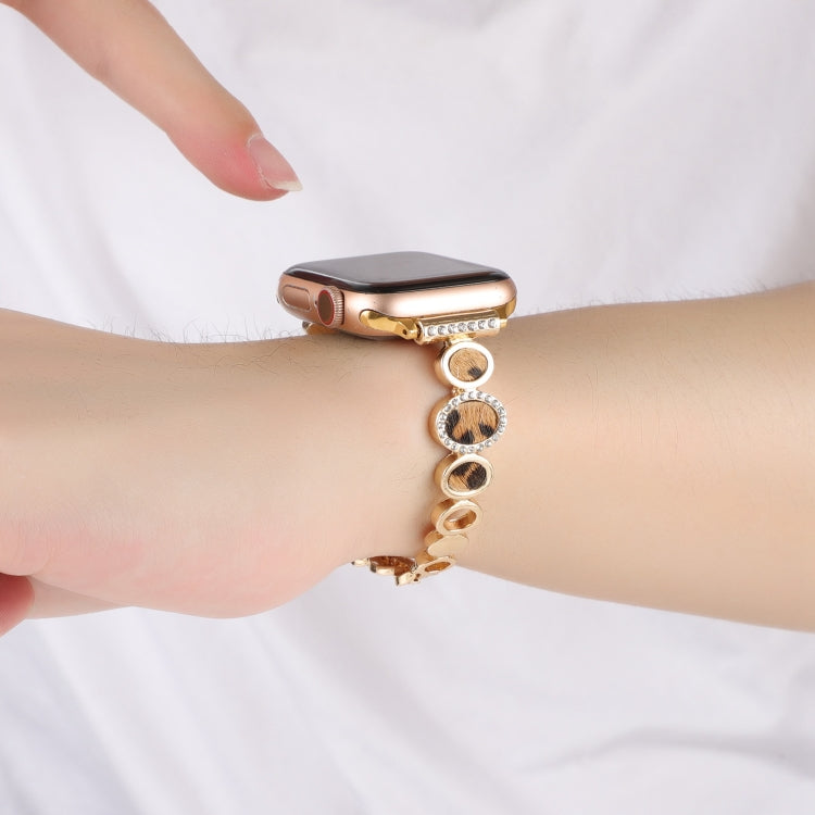 For Apple Watch Series 6 44mm Leopard Rhinestones Metal Chain Watch Band(Gold) - Watch Bands by PMC TechLife | Online Shopping South Africa | PMC TechLife