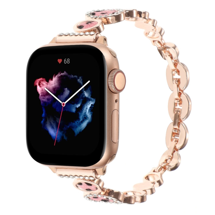 For Apple Watch 42mm Leopard Rhinestones Metal Chain Watch Band(Rose Gold) - Watch Bands by PMC TechLife | Online Shopping South Africa | PMC TechLife