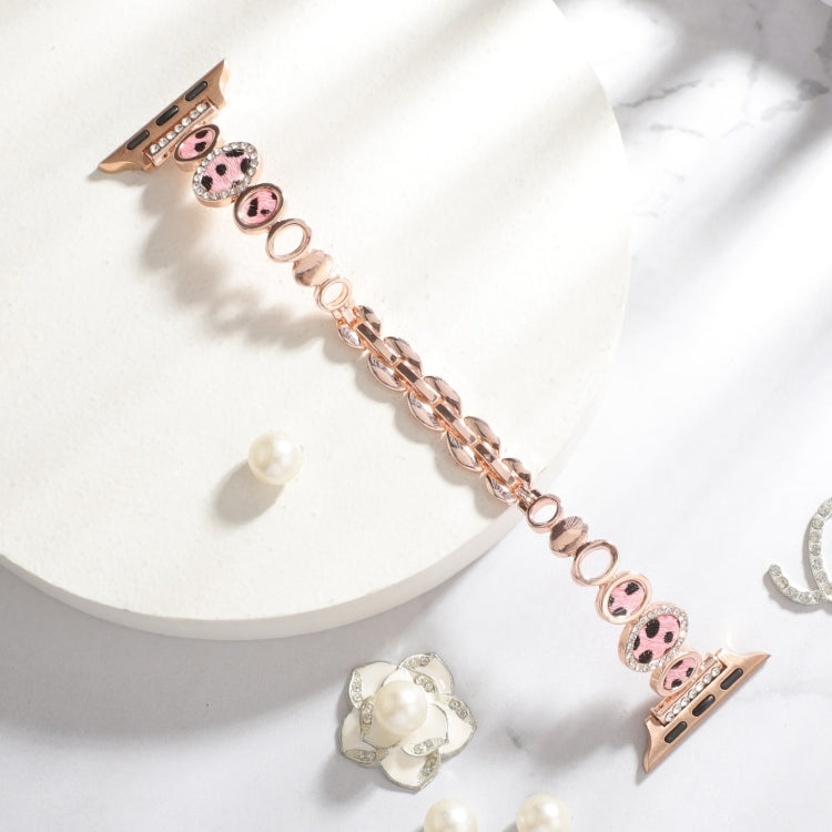 For Apple Watch 42mm Leopard Rhinestones Metal Chain Watch Band(Rose Gold) - Watch Bands by PMC TechLife | Online Shopping South Africa | PMC TechLife
