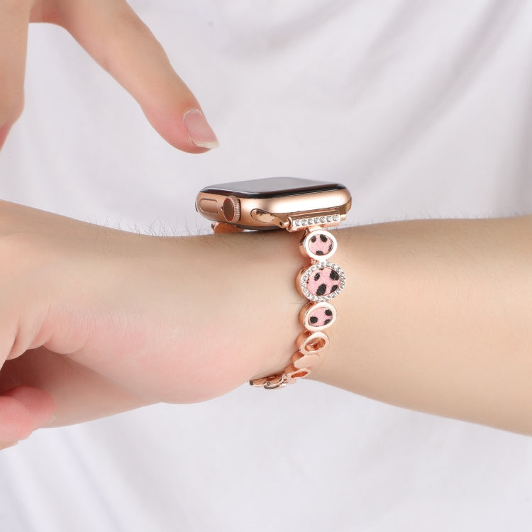 For Apple Watch 42mm Leopard Rhinestones Metal Chain Watch Band(Rose Gold) - Watch Bands by PMC TechLife | Online Shopping South Africa | PMC TechLife