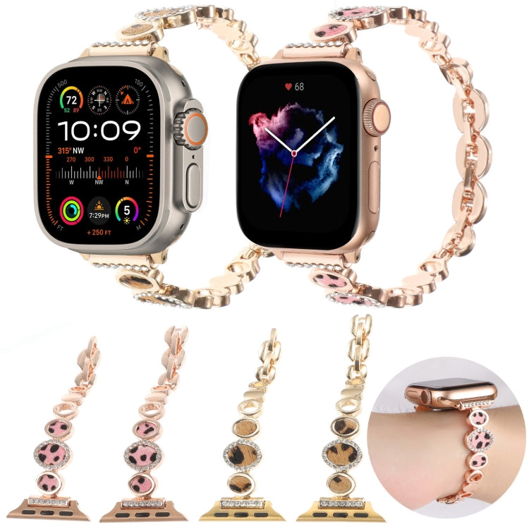For Apple Watch SE 2022 44mm Leopard Rhinestones Metal Chain Watch Band(Gold) - free shipping - PMC TechLife - Order now!