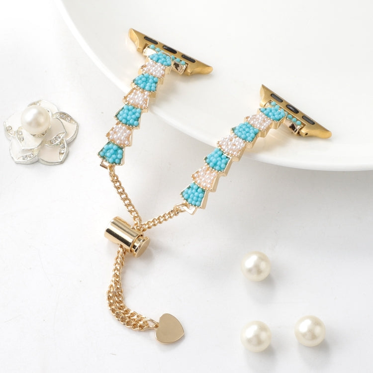 For Apple Watch Series 8 41mm Shell Beads Chain Bracelet Metal Watch Band(Blue White Gold) - Watch Bands by PMC TechLife | Online Shopping South Africa | PMC TechLife