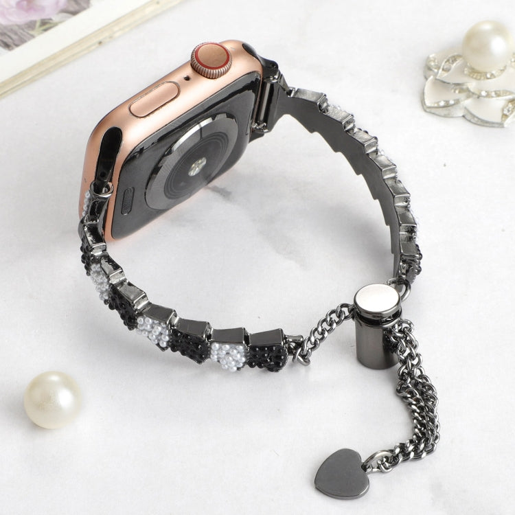For Apple Watch Series 8 45mm Shell Beads Chain Bracelet Metal Watch Band(Black White) - Watch Bands by PMC TechLife | Online Shopping South Africa | PMC TechLife