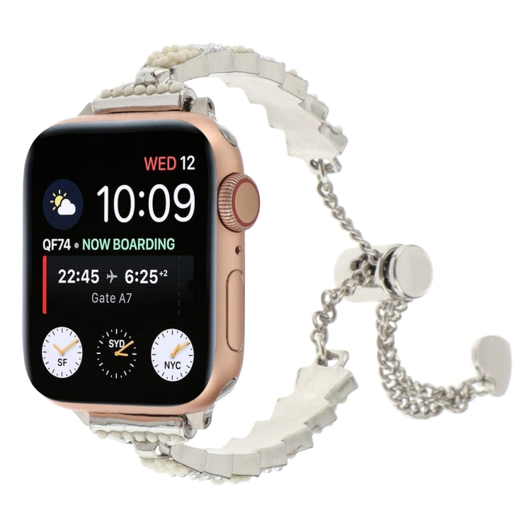 For Apple Watch Series 8 45mm Shell Beads Chain Bracelet Metal Watch Band(Beige White Silver) - Watch Bands by PMC TechLife | Online Shopping South Africa | PMC TechLife