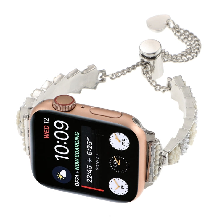 For Apple Watch Series 8 45mm Shell Beads Chain Bracelet Metal Watch Band(Beige White Silver) - Watch Bands by PMC TechLife | Online Shopping South Africa | PMC TechLife