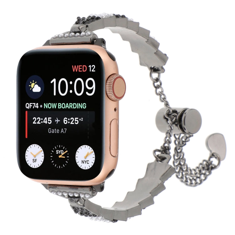 For Apple Watch SE 2022 44mm Shell Beads Chain Bracelet Metal Watch Band(Black White) - Watch Bands by PMC TechLife | Online Shopping South Africa | PMC TechLife